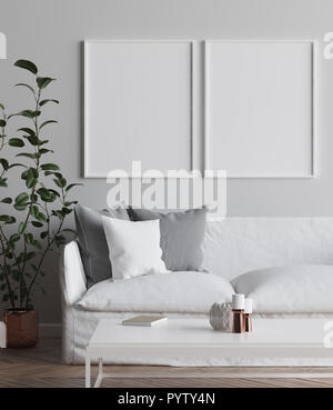 Zwei mock up Poster Rahmen im Inneren Hintergrund, skandinavischen Stil Wohnzimmer, 3D-Rendering Stockfoto