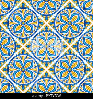 Marokkanische Keramik nahtlose Muster. Ethnische floralen Motiven. Mediterrane folkloristische Ornament. Portugiesische azulejo, mexikanische talavera oder Spanisch Stock Vektor
