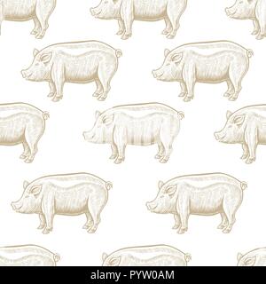 Symbol für 2018 Jahr, chinesischen Kalender. Schwein Gravur nahtlose Muster. Piggy farm animal Hand gezeichnet Hintergrund. Realistische Textur. Wallpaper Design. Ich Stock Vektor