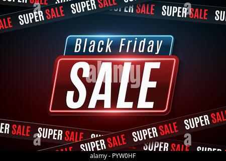 Schwarzer Freitag Verkauf. Leuchtende neon Banner. Schwarzes Band mit Text. Flyer, Plakat zum Verkauf. Moderne Web Banner. Große Rabatte. Vector Illustration. EPS 10. Stock Vektor