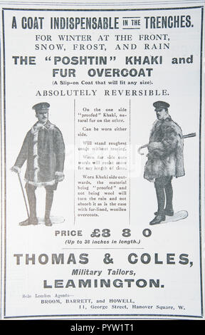 Anzeige für Thomas & Coles für Kleidung in den Schützengräben des Ersten Weltkriegs verwendet werden. Von einer britischen Zeitschrift während des Zeitraums 1914-1918. Ger Stockfoto