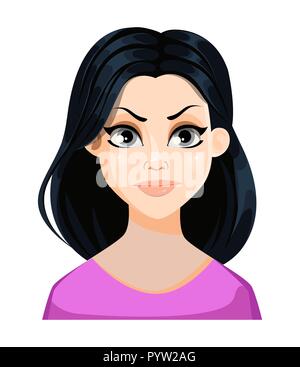 Gesicht Ausdruck der schönen Frau mit dunklen Haaren in rosa Bluse, ärgerlich, unzufrieden. Weibliche Emotion. Cute cartoon Charakter. Vector Illustration iso Stock Vektor