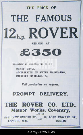 Alte Werbung für Rover Autos. Von einer britischen Zeitschrift während des Zeitraums 1914-1918. England UK GB Stockfoto