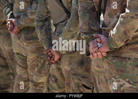 Dahlke, Afghanistan. 30 Okt, 2018. Die Vereinigten Staaten sind die Nummer eins in der Luft Unterstützung in Afghanistan im Rahmen der NATO-Operation der entschlossenen Unterstützung. Die 101St Airborne Combat Aviation Brigade ist die Bereitstellung von Unterstützung für die afghanische Armee sowie im Training. Alle in den Hoffnungen für eine sicherere Afghanistan. Dahlke ist ein sehr vom Netz base und ist Zelt wohnen. Es sind keine zusätzlichen Annehmlichkeiten wie kann in größeren Datenbanken gefunden werden. Sargent Major Daley des US Amry, vom Pentagon, um Soldaten in Dahlke. Er präsentiert Ihnen bestimmte Medaillen der Damen und Servic Stockfoto