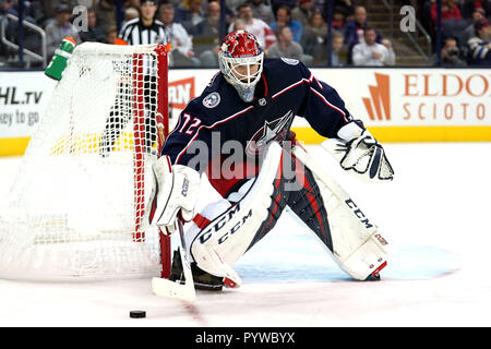 Columbus, OH, USA. 30 Okt, 2018. Columbus Blue Jackets Torwart Sergej Bobrovsky (72) Macht ein Stick im Netz während der dritten Periode in einem Spiel zwischen den Detroit Red Wings und den Columbus Blue Jackets in der Nationwide Arena in Columbus, OH- speichern. Aaron Doster/CSM/Alamy leben Nachrichten Stockfoto