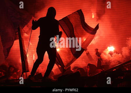 Wiesbaden, Deutschland. 30 Okt, 2018. Fussball: DFB-Pokal, SV Wehen Wiesbaden - Hamburger SV, 2. Runde in der BRITA-Arena. Die Hamburger fans Pyros entzünden. Quelle: Thomas Frey/dpa/Alamy leben Nachrichten Stockfoto