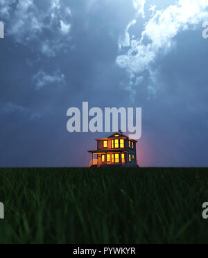 Ein einzelnes Haus auf dem Feld in der Nacht, Szene für furchtsam oder Horror Konzept und Ideen, 3D-Rendering Stockfoto