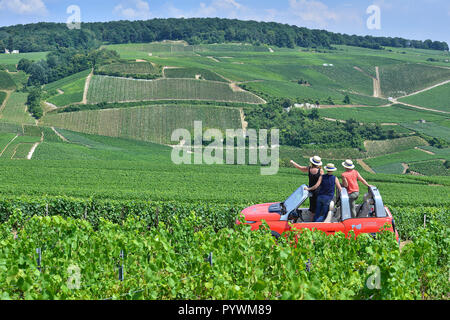 Aÿ-Champagne (Frankreich). 2018/07/24. "Ay Champagne Erfahrung', privat geführte Touren durch die Weinberge der Champagne in E-Mehari Elektroauto. Stockfoto