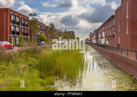 Moderne Straße mit ökologischen Mittelklasse Familie Häuser mit umweltfreundlichen River Bank in einem Vorort in Wageningen, Niederlande Stockfoto