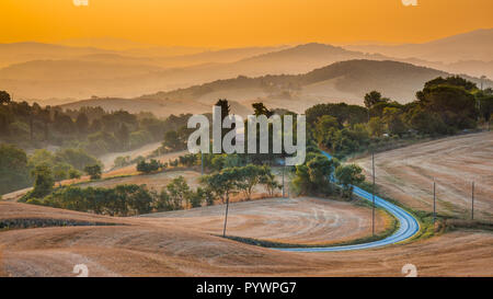 Toskana Hügel Landschaft in der Nähe von Florenz an einem nebligen Morgen im August, Italien Stockfoto