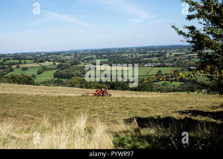 Heuernte in der Nähe von Offas Dyke Herefordshire GROSSBRITANNIEN 2018 mit Vintage Traktor Stockfoto