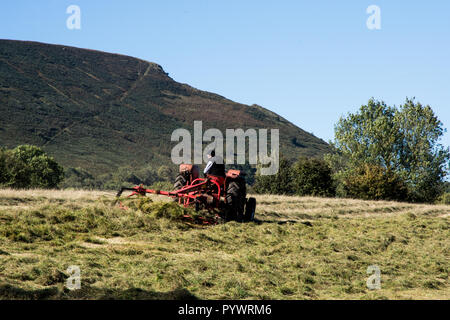 Heuernte in der Nähe von Offas Dyke Herefordshire GROSSBRITANNIEN 2018 mit Vintage Traktor Stockfoto