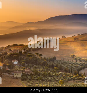 Detail der toskanischen Dorf in der Toskana Landschaft in der Nähe von Florenz an einem nebligen Morgen, Italien Stockfoto