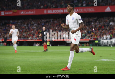 England's Marcus Rashford feiert zweiten Ziel seiner Seite des Spiels zählen während der Nationen Liga Spiel bei Benito Villamarin Stadium, Sevilla. Stockfoto