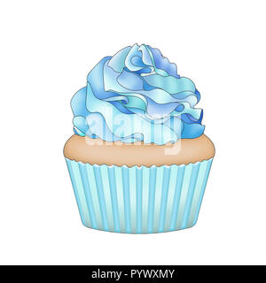 Abbildung: eine Cupcake mit icy blue Zuckerguss in einem blauen Cupcake Papierstreifen vor einem weißen Hintergrund. Stockfoto