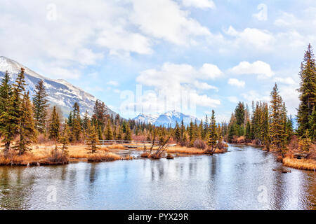 Herbst Blick auf den Polizist Creek Boardwalk, ein Wanderweg in der nähe von Canmore, Alberta, folgt, dass ein Fluss mit den schneebedeckten Kanadischen Rocky Stockfoto