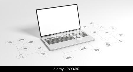 Laptop mit leeren Bildschirm auf weißem Hintergrund mit App Icons, kopieren. 3D-Darstellung Stockfoto
