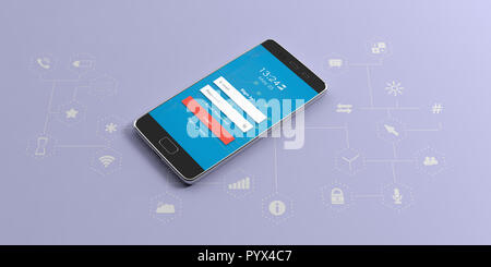 Handy, Smartphone mit Anmeldebildschirm auf blauem Hintergrund mit App Icons. 3D-Darstellung Stockfoto