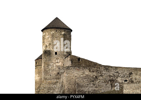 Kamianets Podilskyi Festung aus dem 14. Jahrhundert auf weißem Hintergrund. Stockfoto