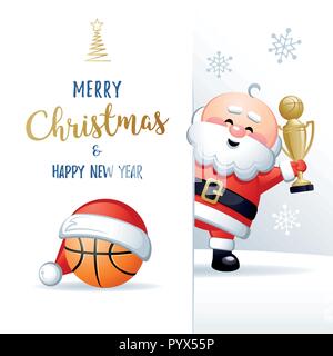 Frohe Weihnachten und guten Rutsch ins neue Jahr. Sport Grußkarte. Cute Santa Claus mit Basketball Ball und Gold Cup. Vector Illustration. Stock Vektor