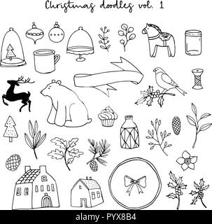 Weihnachten doodle Symbole gesetzt. Schwarz isoliert Skizzen auf weißem Hintergrund. Der Tier- und Pflanzenwelt, Häuser und Lebensstil Vektorgrafiken. Stock Vektor