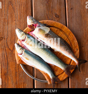 Frischen Fisch fangen liegt auf einem Schneidebrett auf einem Holztisch. Ansicht von oben kopieren Raum Stockfoto