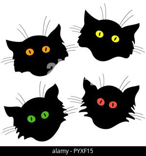 Satz von vier cat Kopf schwarze Silhouetten wits Farbe Augen auf weißem Hintergrund isoliert, Vector Illustration Stock Vektor