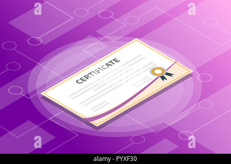 Zertifikat isometrische Informationen mit violettem Farbverlauf Hintergrund modern Vector Illustration Stockfoto