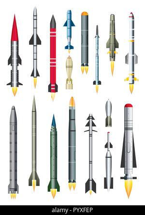 Militärische Rakete Rakete isoliert auf Weiss. Vector Illustration. Ballistische Interkontinentalrakete mit Atombombe. Boden-/Luft- und Luft-zu-Luft verpassen Stock Vektor