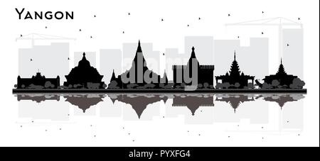 Yangon Myanmar Skyline der Stadt Silhouette mit schwarzen Gebäude und Reflexionen. Vector Illustration. Stock Vektor