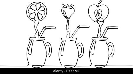 Kontinuierliche eine Linie zeichnen. Set Saft fließen in Glas. Vector Illustration Stock Vektor