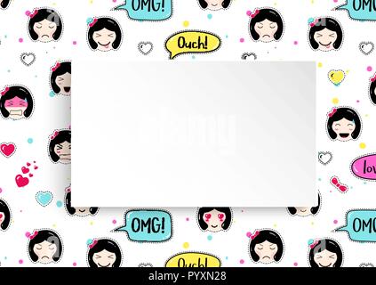 Mädchen Banner mit Anime emoji Muster. Süße Aufkleber mit emotico Stock Vektor
