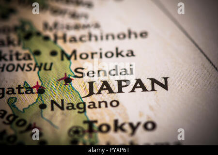 Nahaufnahme von Japan auf einer Weltkarte. Stockfoto