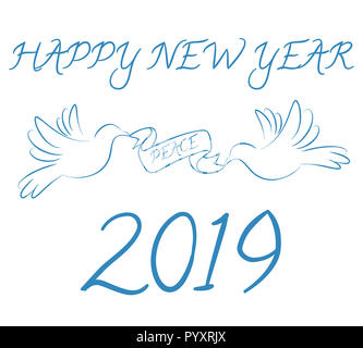 Frohes Neues Jahr 2019 mit Frieden Symbol Stockfoto