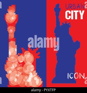 Abstrakte triangulierten Silhouette Freiheitsstatue mit blauen Quadrate Hintergrund. Usa Reisen berühmten Wahrzeichen. Bunte polygonalen Denkmal Stock Vektor