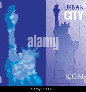 Abstrakte triangulierten Silhouette Freiheitsstatue mit blauen Quadrate Hintergrund. Usa Reisen berühmten Wahrzeichen. Bunte polygonalen Denkmal Stock Vektor