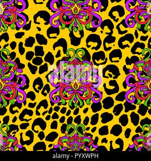 Gemalt tiger nahtlose Muster. Gelbe leopard Spots und Doodle ribbon Hintergrund. Stock Vektor