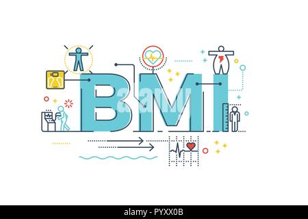 BMI: Body Mass Index Wort Schrift Typografie design Illustration mit Zeile für Symbole und Ornamente in Blue Theme Stock Vektor
