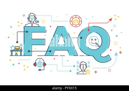 FAQ: Häufig gestellte Fragen Wort Schriftzug design Illustration mit Zeile für Symbole und Ornamente in Blue Theme Stock Vektor