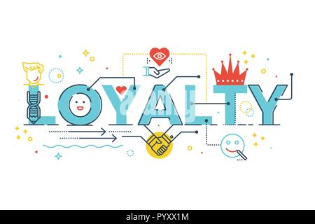 Loyalität Wort Schrift Typografie design Illustration mit Zeile für Symbole und Ornamente in Blue Theme Stock Vektor