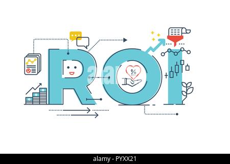 ROI: Return on Investment Wort Schrift Typografie design Illustration mit Zeile für Symbole und Ornamente in Blue Theme Stock Vektor