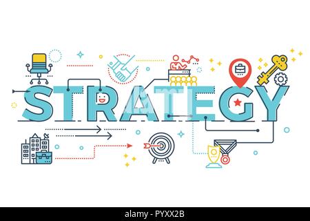 Strategie word Schrift Typografie design Illustration mit Zeile für Symbole und Ornamente in Blue Theme Stock Vektor