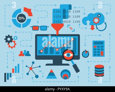 Darstellung der Daten analyse Konzept, flache Bauform mit Symbolen Stock Vektor