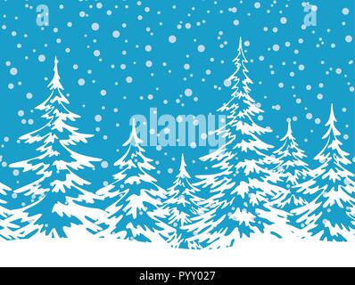 Weihnachtsfeiertag nahtlose horizontale Hintergrund, Winterlandschaft, Tannen mit Schnee, weiße Silhouetten gegen den blauen Himmel mit Schneeflocken. Vektor Stock Vektor