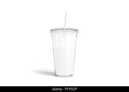 Leere weiße Acryl tumbler mit Stroh Mockup, isoliert, 3D-Rendering. Leere Kunststoff Flasche mit Rohr mock up. Klar, Becher für Kaffee oder Bier. Glas Einwegflasche für kalte Getränke, Vorlage. Stockfoto