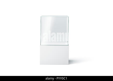 Leere weiße Glasvitrine Mockup, isoliert, Vorderansicht, 3D-Rendering. Leere Präsentation podium Mock up. Klar transparent Ausstellung "Feldvorlage". Glas Vitrine für Boutique oder Galerie. Stockfoto