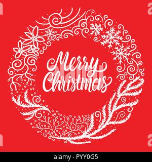 Frohe Weihnachten weiße Hand gezeichnet Schriftzug text Inschrift. Vector Illustration runde ornament Frame auf rotem Hintergrund isoliert. Stock Vektor
