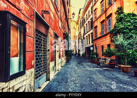Italienische Straße mit Fassade, Garagen, Blumentöpfen und hellen Gebäude Stockfoto