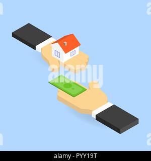 Unternehmer kauft Immobilien. Isometrische Vector Illustration. Stock Vektor