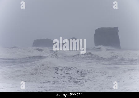 Schwarzer Sand Strand Reynisfjara am Ufer des Atlantischen Ozeans mit riesigen Wellen im Süden von Island, Europa Stockfoto